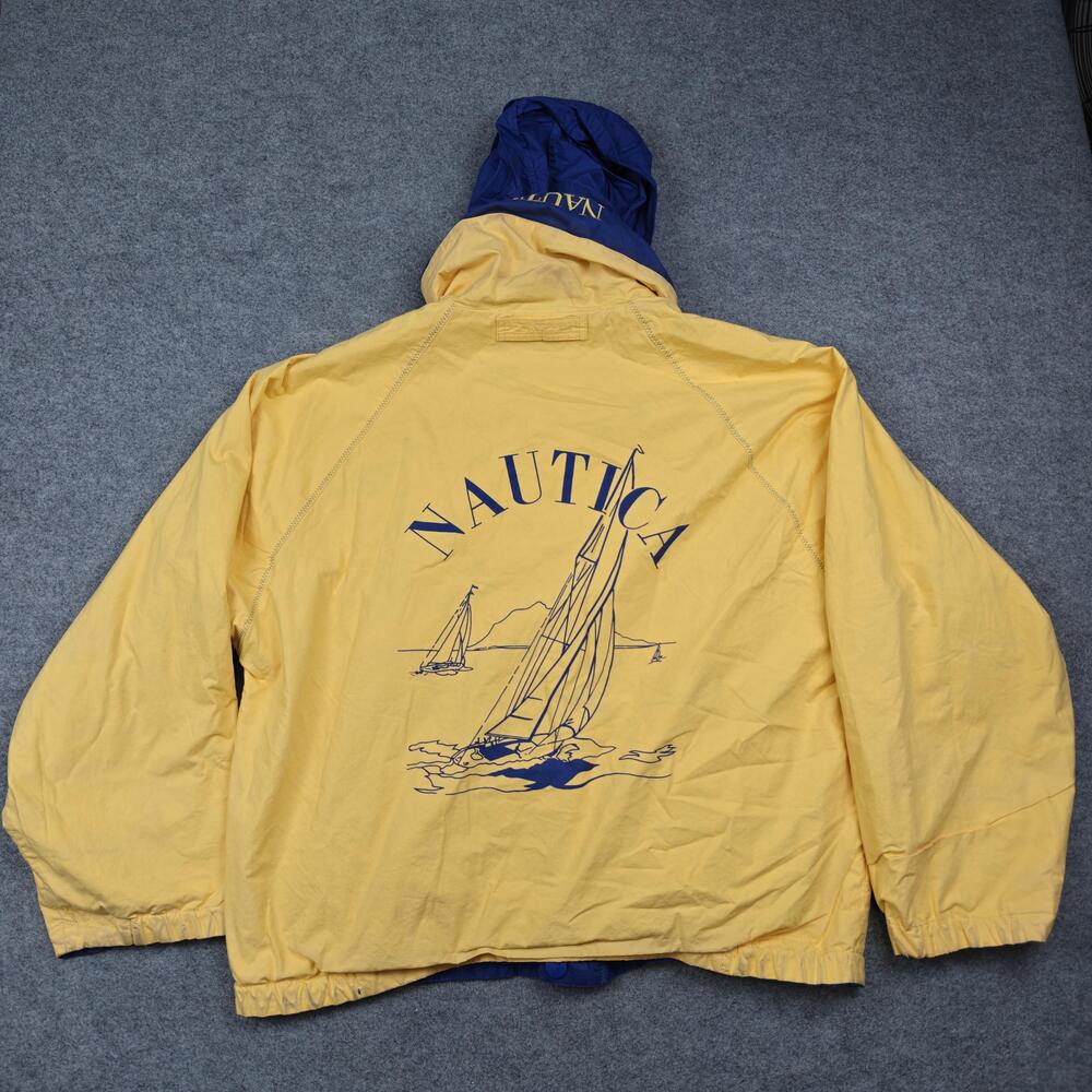 Vintage Nautica Jacket Mens Large Yellow Blue Reversible Hooded Windbreaker